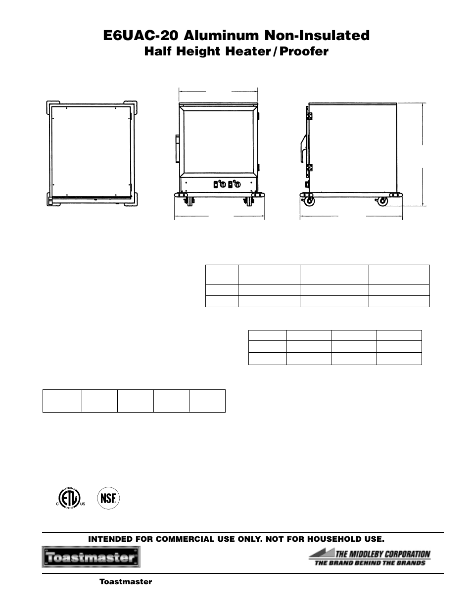 E6uac-20 aluminum non-insulated, Half height heater / proofer | Toastmaster E6UAC-20 User Manual | Page 2 / 2
