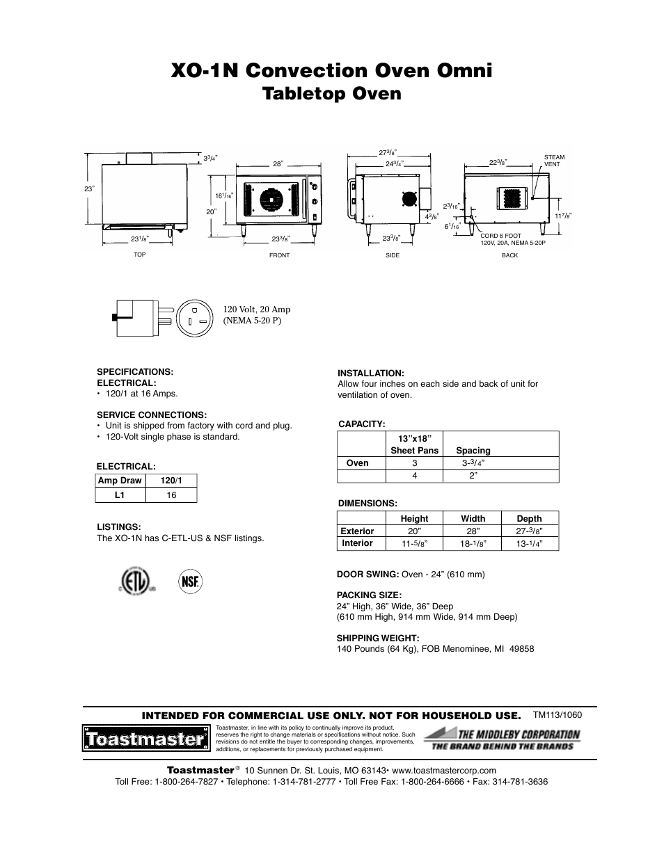 Xo-1n convection oven omni, Tabletop oven, Toastmaster | Toastmaster XO-1N User Manual | Page 2 / 2