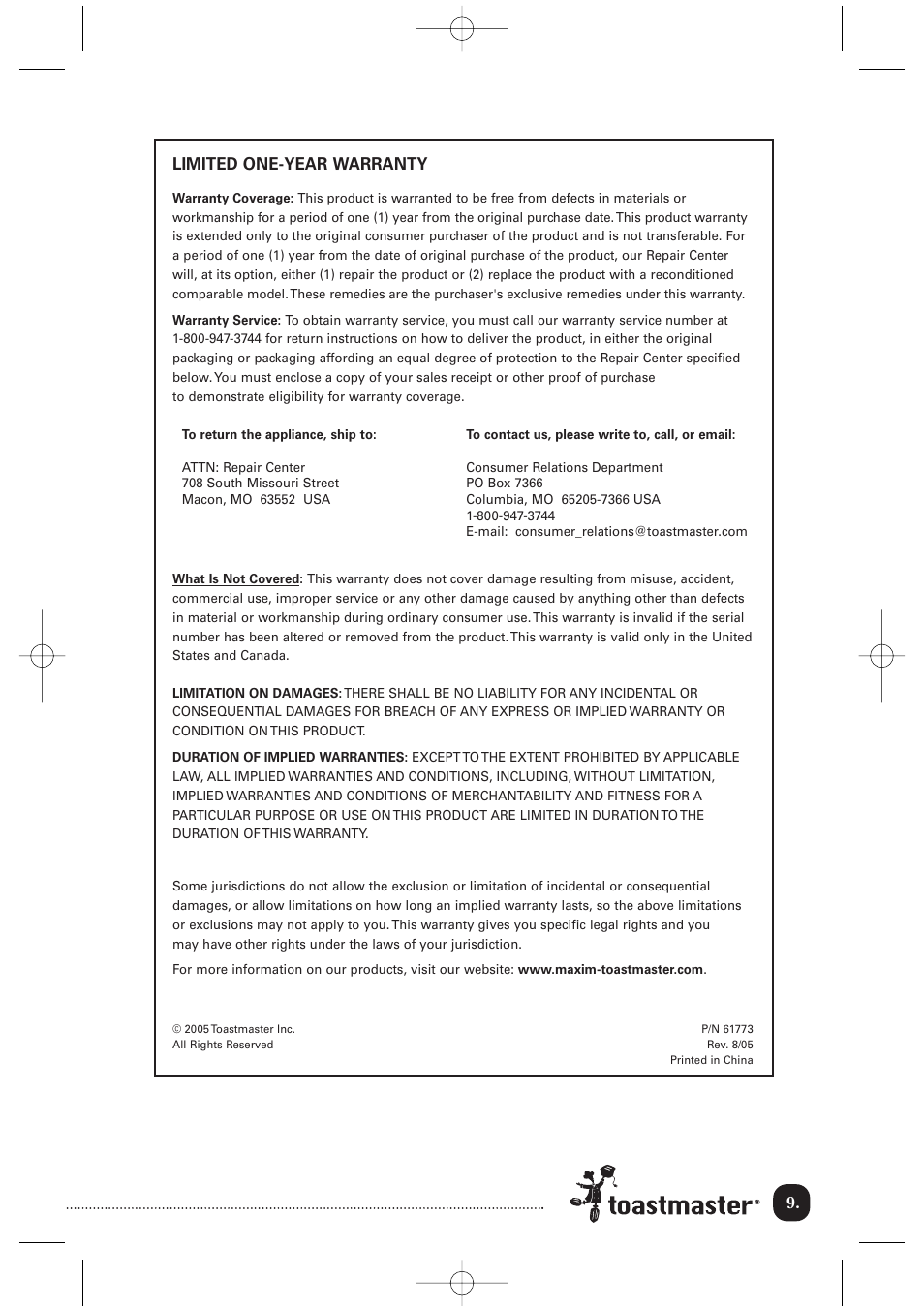 Limited one-year warranty | Toastmaster TMK17CAN User Manual | Page 10 / 12