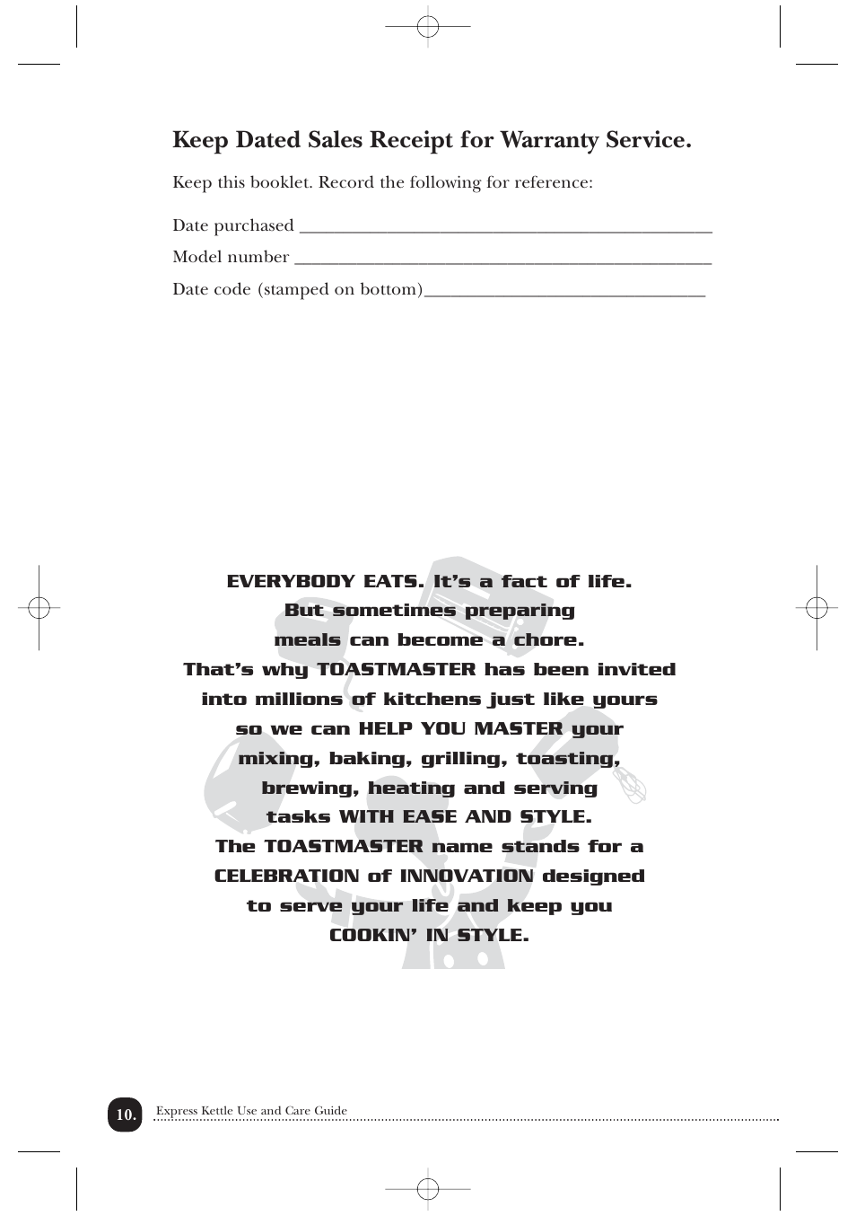 Keep dated sales receipt for warranty service | Toastmaster TMK17CAN User Manual | Page 11 / 12