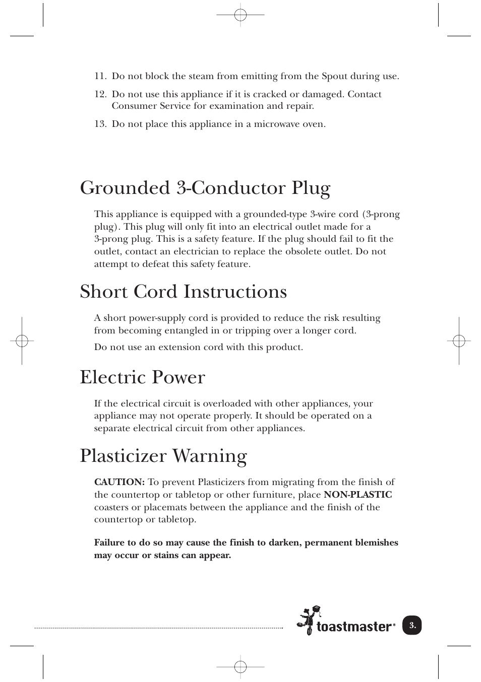 Grounded 3-conductor plug, Short cord instructions, Electric power | Plasticizer warning | Toastmaster TMK17CAN User Manual | Page 4 / 12