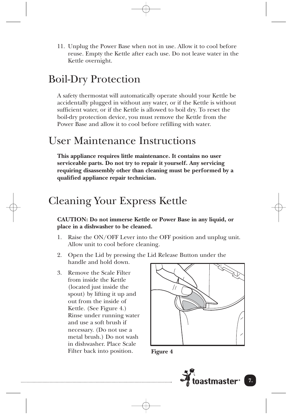 Boil-dry protection, User maintenance instructions, Cleaning your express kettle | Toastmaster TMK17CAN User Manual | Page 8 / 12