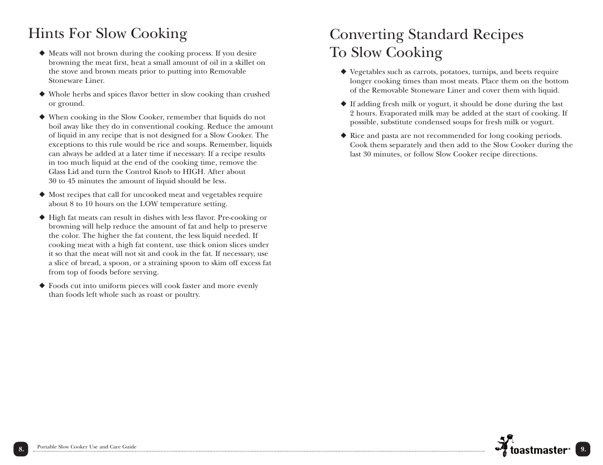 Hints for slow cooking, Converting standard recipes to slow cooking | Toastmaster TSC4P User Manual | Page 10 / 24