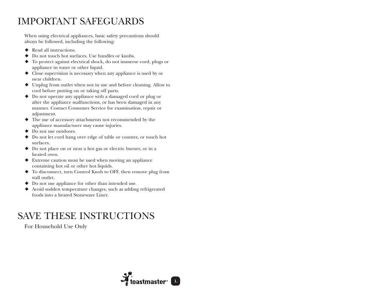 Important safeguards, Save these instructions | Toastmaster TSC4P User Manual | Page 2 / 24