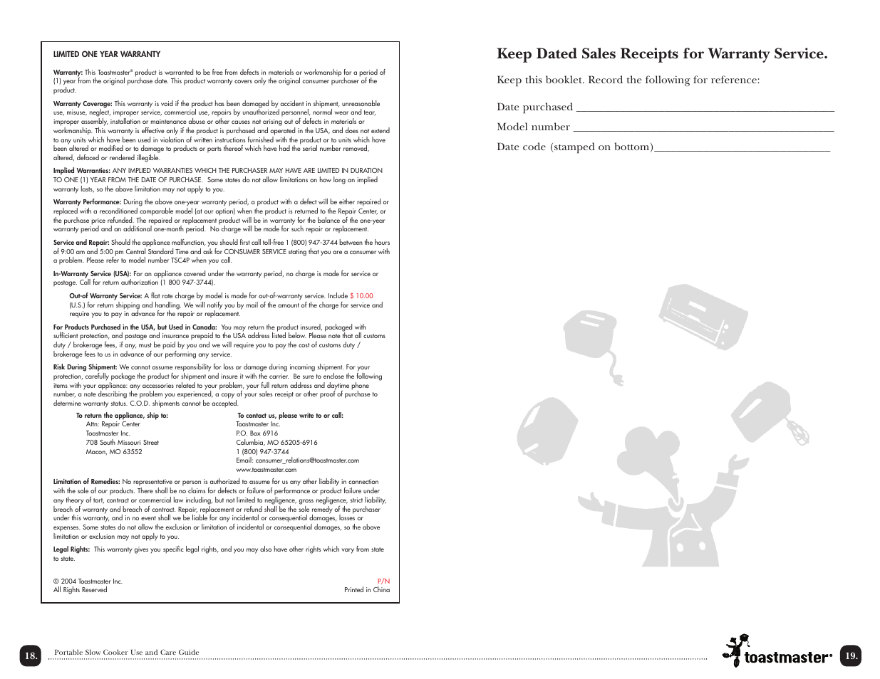 Keep dated sales receipts for warranty service | Toastmaster TSC4P User Manual | Page 20 / 24