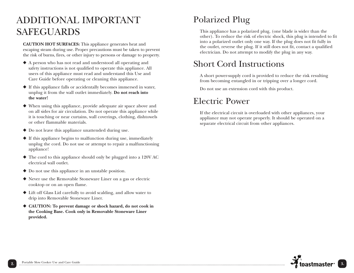 Additional important safeguards, Polarized plug, Short cord instructions | Electric power | Toastmaster TSC4P User Manual | Page 5 / 24