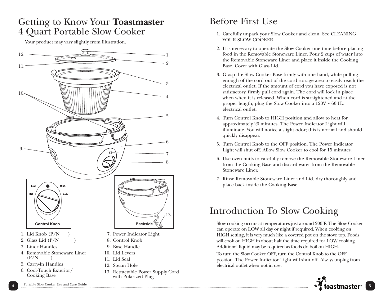 Before first use, Introduction to slow cooking | Toastmaster TSC4P User Manual | Page 6 / 24