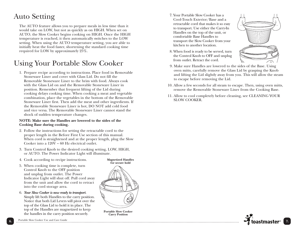 Auto setting, Using your portable slow cooker | Toastmaster TSC4P User Manual | Page 8 / 24