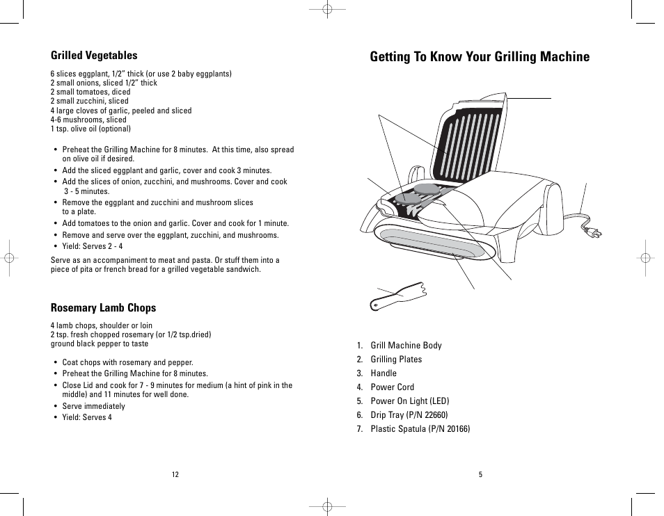 Getting to know your grilling machine, Grilled vegetables, Rosemary lamb chops | Toastmaster GR39A User Manual | Page 12 / 16