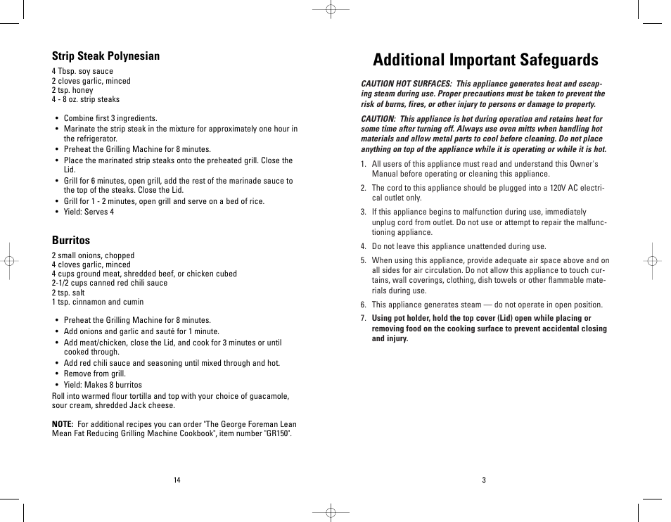 Additional important safeguards, Strip steak polynesian, Burritos | Toastmaster GR39A User Manual | Page 14 / 16