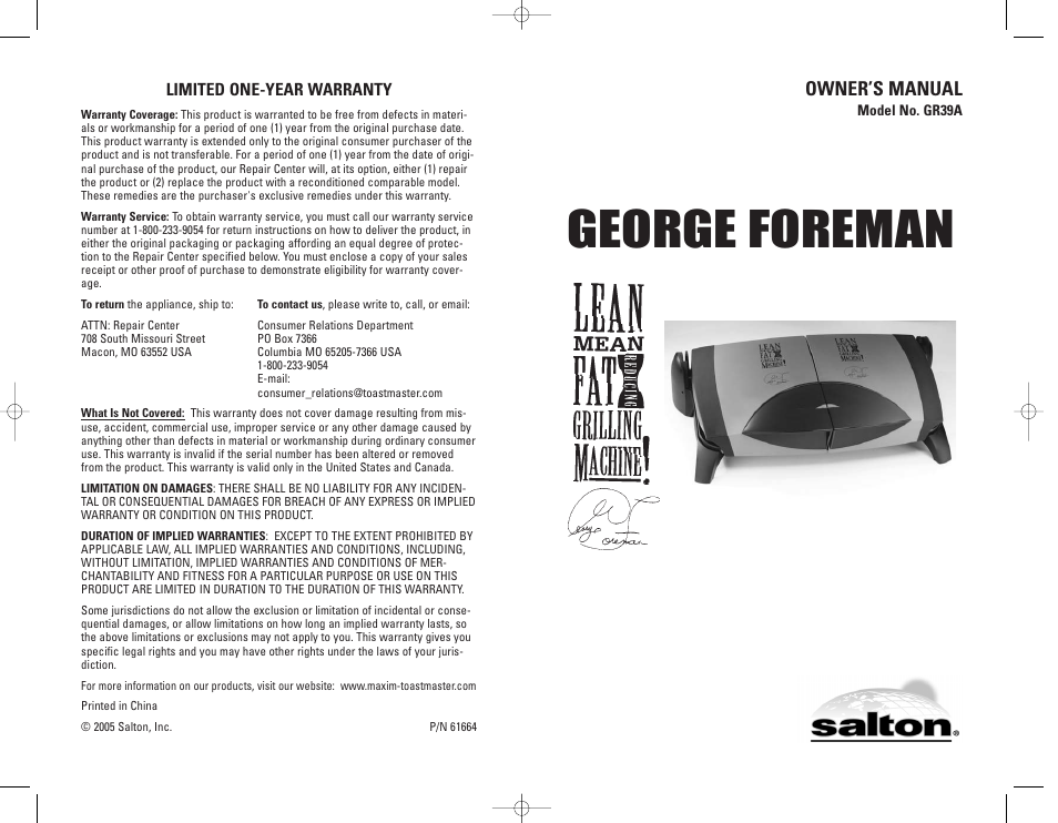 George foreman, Owner’s manual | Toastmaster GR39A User Manual | Page 16 / 16