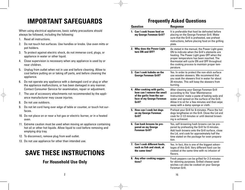 Important safeguards, Save these instructions, Frequently asked questions | For household use only | Toastmaster GR39A User Manual | Page 2 / 16