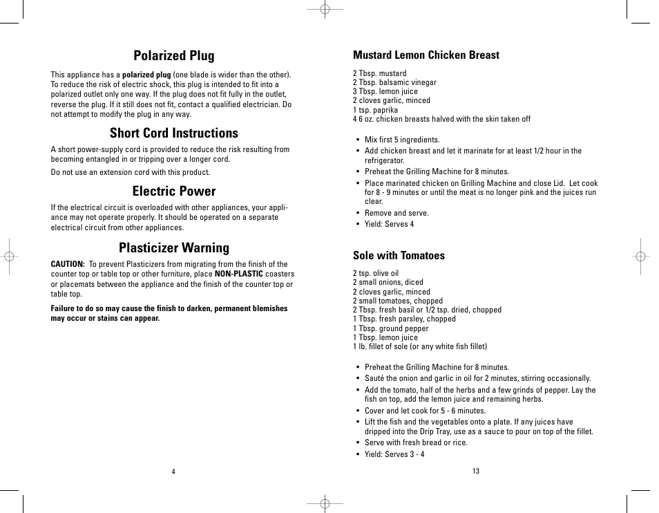 Polarized plug, Short cord instructions, Electric power | Plasticizer warning | Toastmaster GR39A User Manual | Page 4 / 16