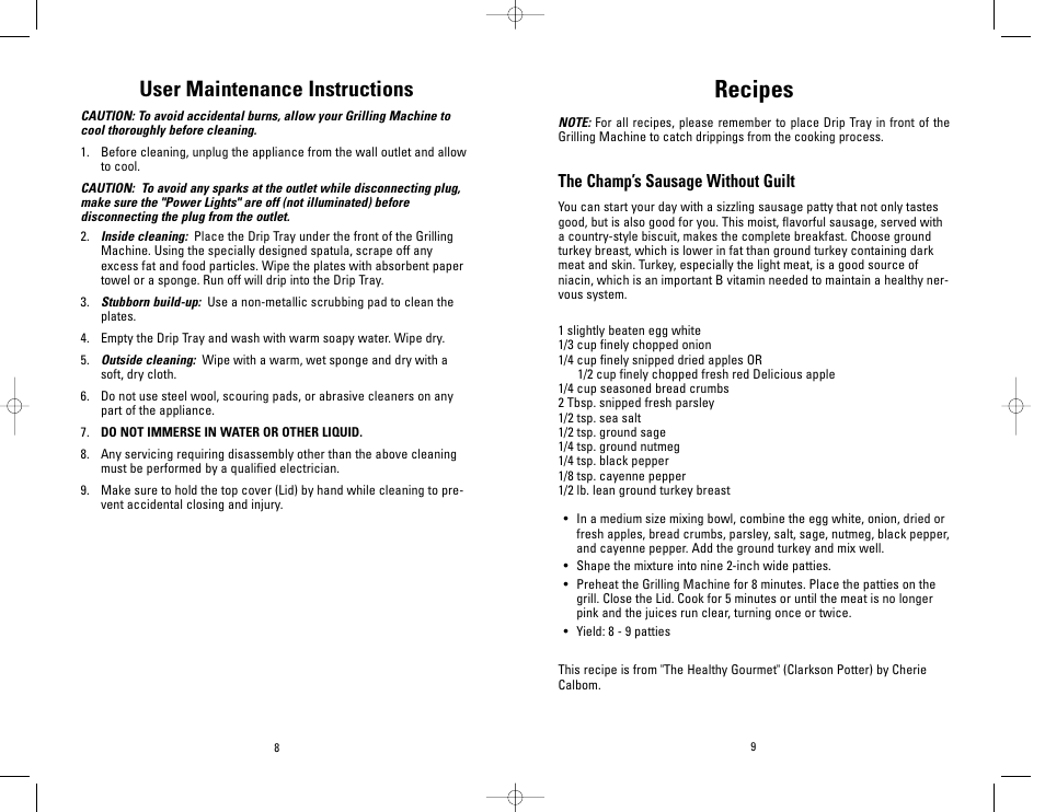Recipes, User maintenance instructions, The champ’s sausage without guilt | Toastmaster GR39A User Manual | Page 9 / 16