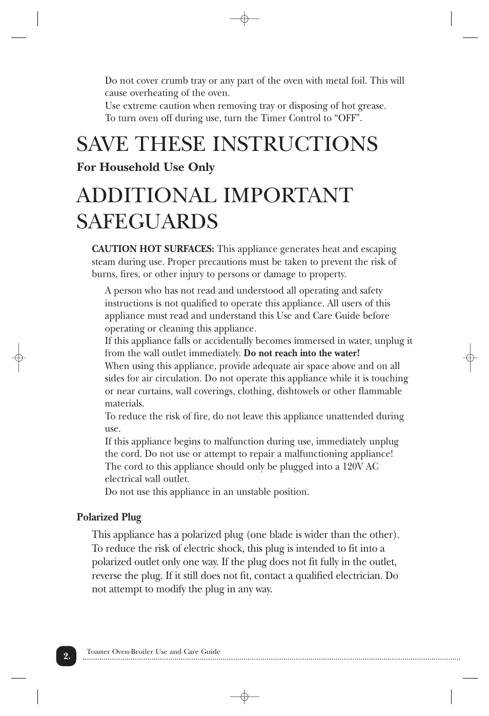 Save these instructions, Additional important safeguards | Toastmaster TOV400CAN User Manual | Page 3 / 12