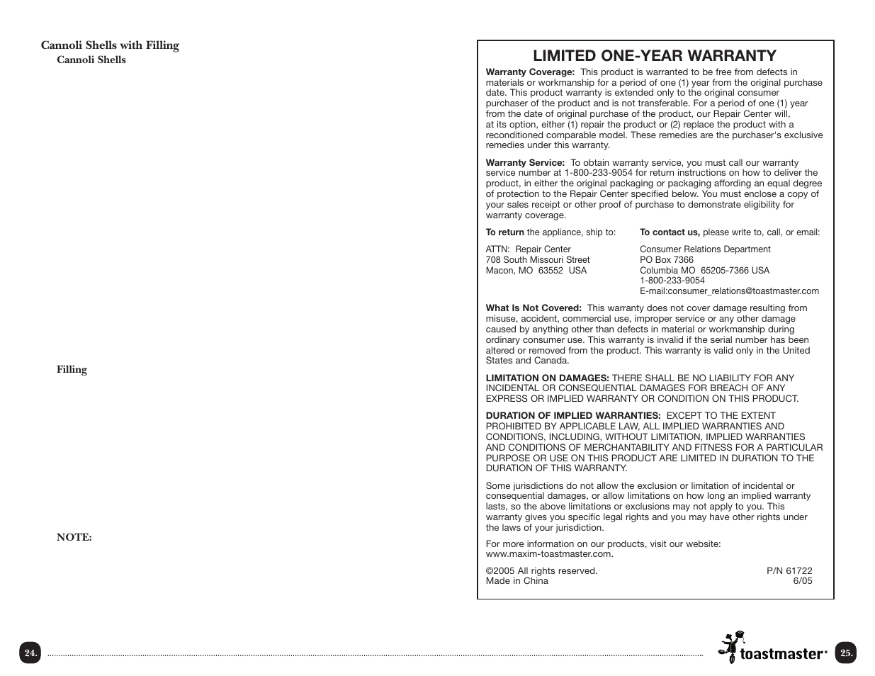 Limited one-year warranty | Toastmaster TMCKM2SIM User Manual | Page 26 / 30