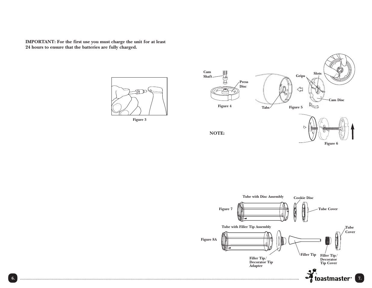 Recharging the battery for cordless use, Direct drive by adaptor for corded use, Assembly instructions | Toastmaster TMCKM2SIM User Manual | Page 8 / 30