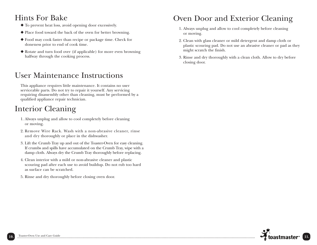 Oven door and exterior cleaning, Hints for bake, User maintenance instructions | Interior cleaning | Toastmaster TOV2RMX User Manual | Page 13 / 16