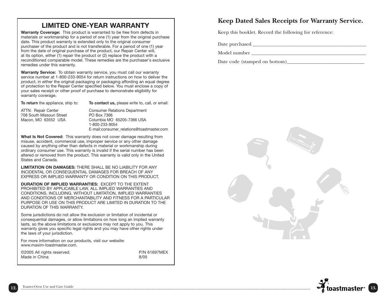 Keep dated sales receipts for warranty service, Limited one-year warranty | Toastmaster TOV2RMX User Manual | Page 15 / 16