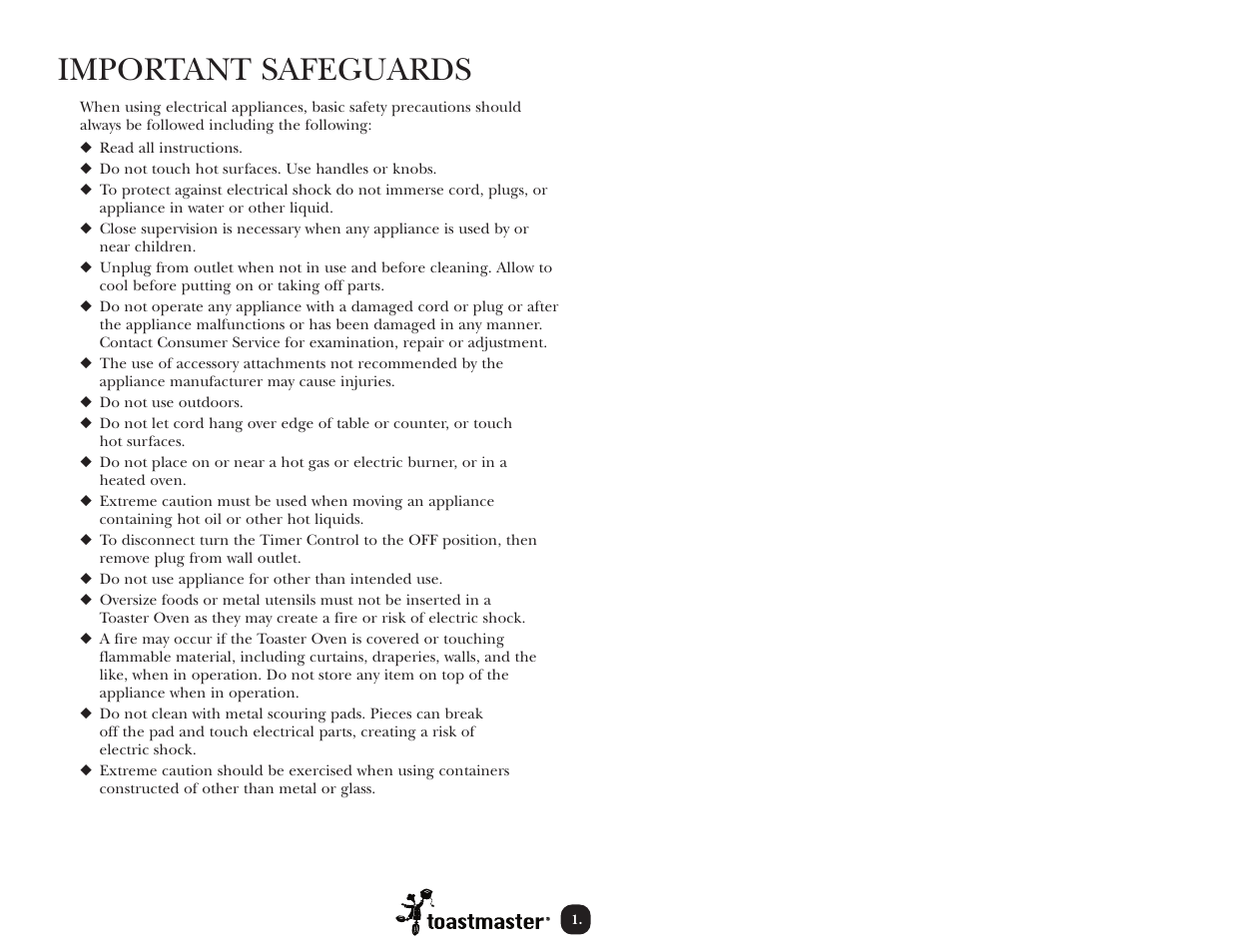 Important safeguards | Toastmaster TOV2RMX User Manual | Page 2 / 16