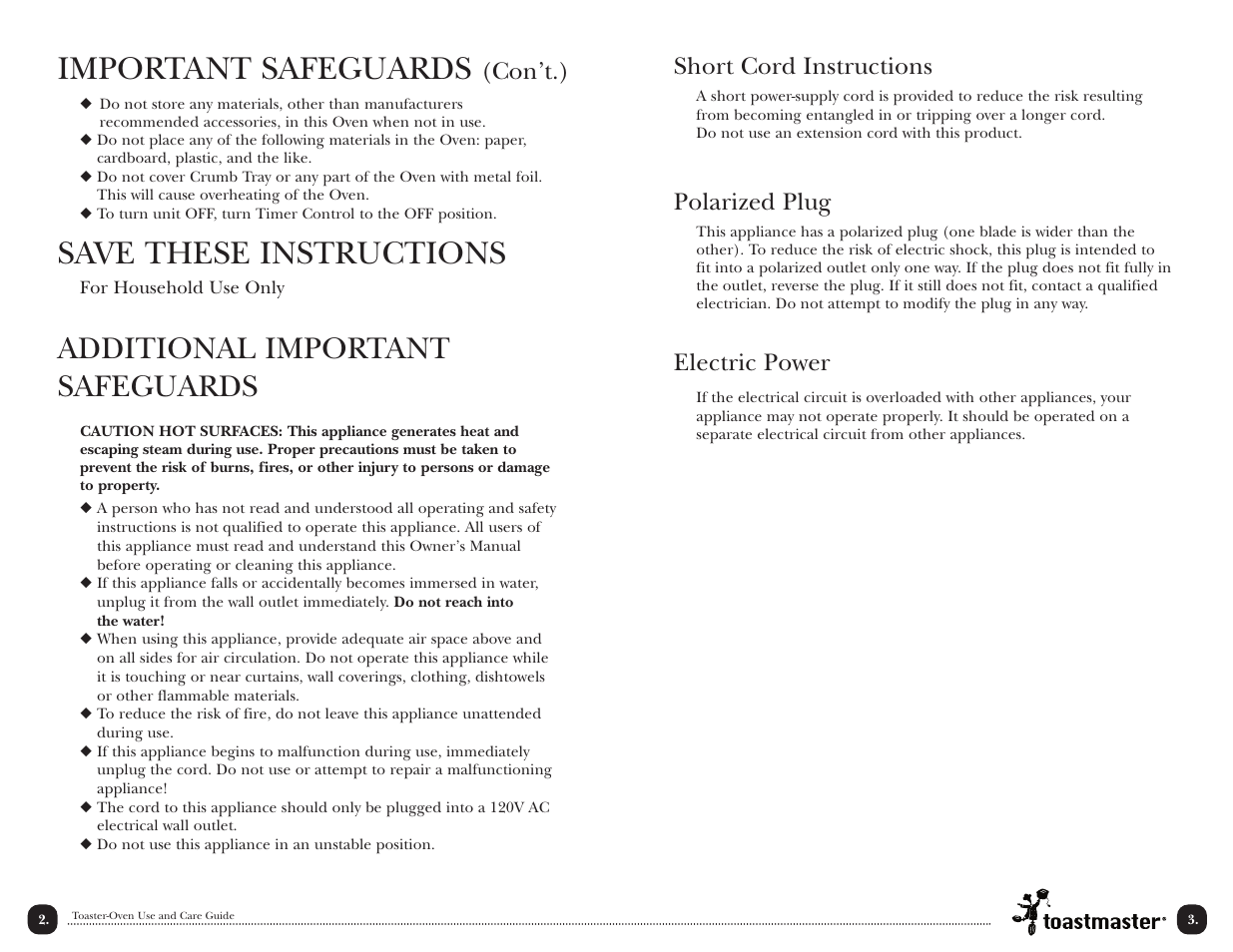 Important safeguards, Save these instructions, Additional important safeguards | Short cord instructions, Polarized plug, Electric power, Con’t.) | Toastmaster TOV2RMX User Manual | Page 4 / 16