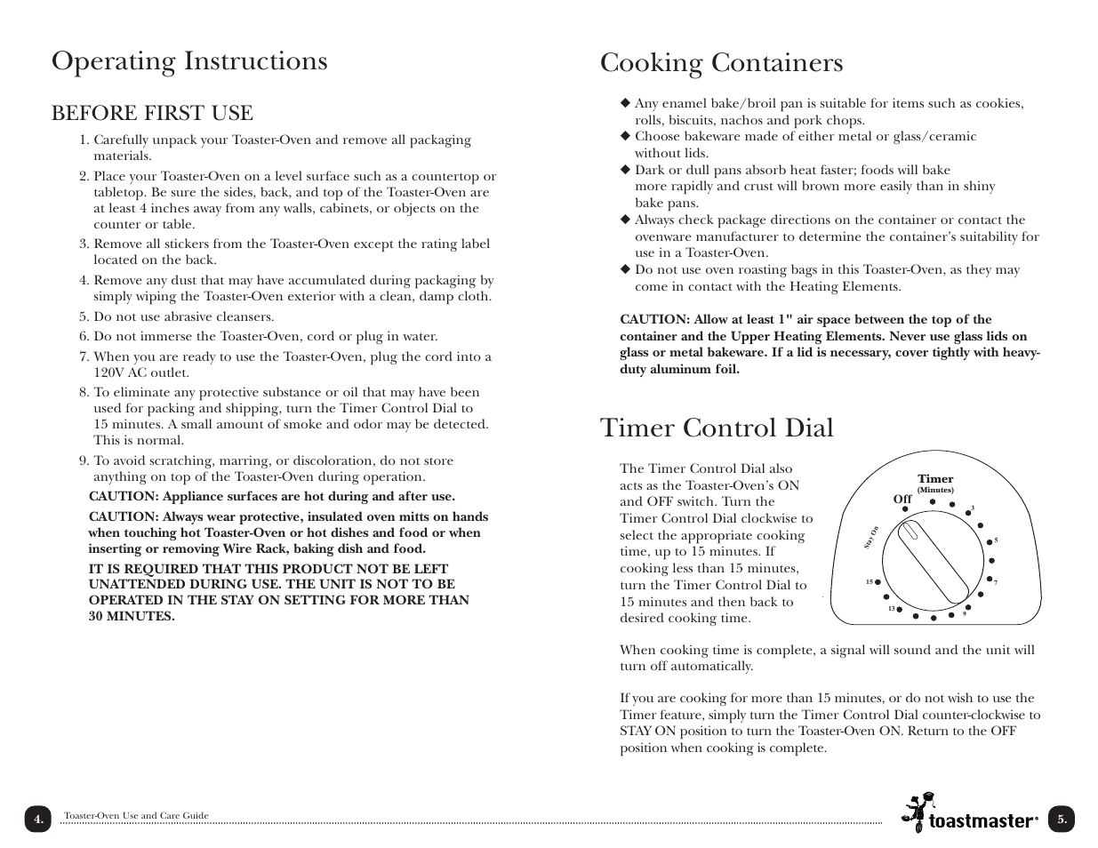Cooking containers, Timer control dial, Operating instructions | Before first use | Toastmaster TOV2RMX User Manual | Page 6 / 16