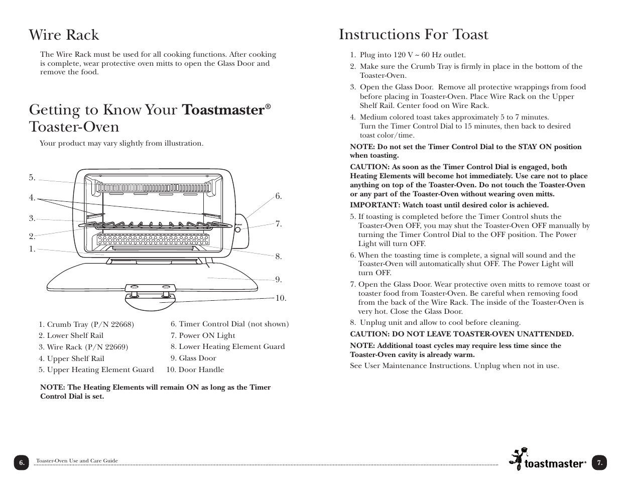 Instructions for toast, Wire rack, Getting to know your toastmaster | Toaster-oven | Toastmaster TOV2RMX User Manual | Page 9 / 16