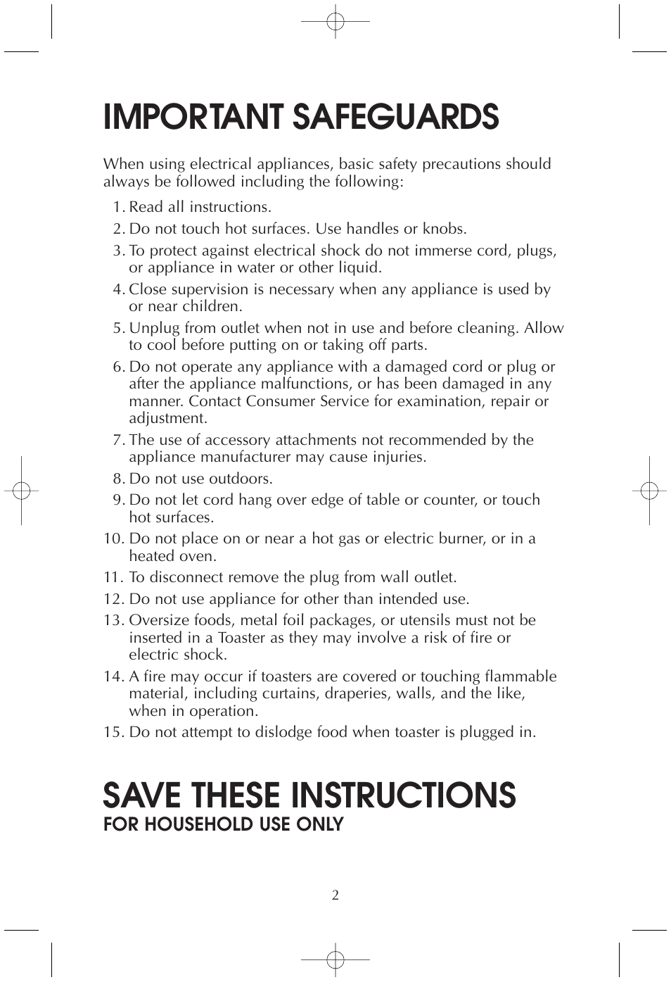 Important safeguards, Save these instructions | Toastmaster T210/T210B User Manual | Page 2 / 10