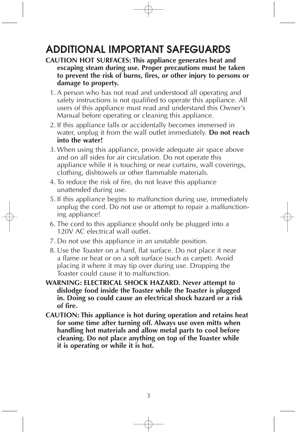 Additional important safeguards | Toastmaster T210/T210B User Manual | Page 3 / 10