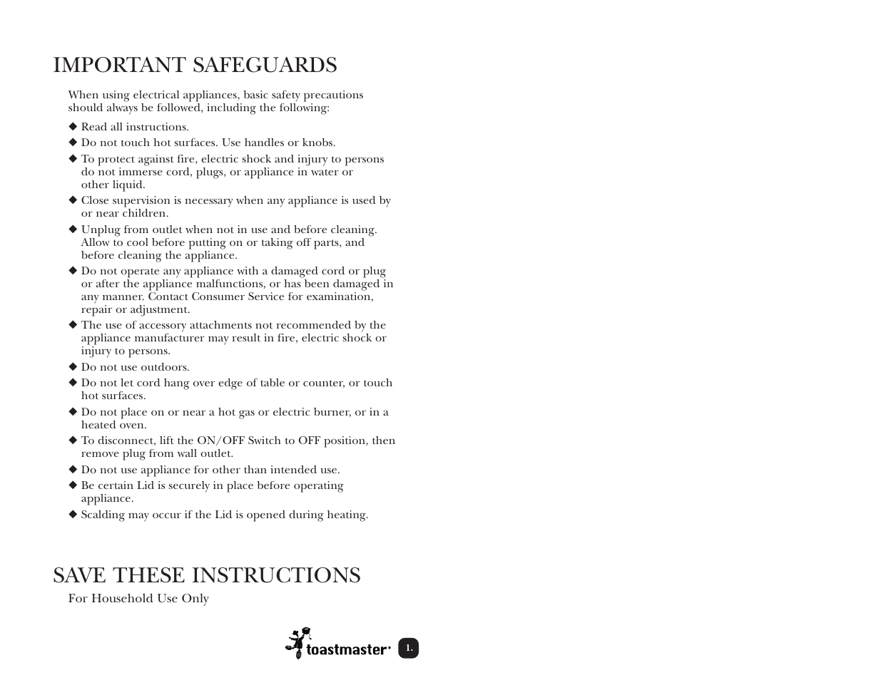 Important safeguards, Save these instructions | Toastmaster TLK17B User Manual | Page 2 / 11