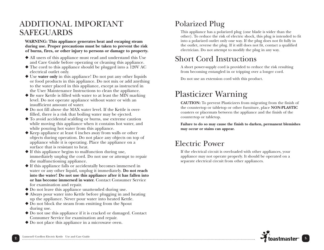 Plasticizer warning, Additional important safeguards, Polarized plug | Short cord instructions, Electric power | Toastmaster TLK17B User Manual | Page 3 / 11