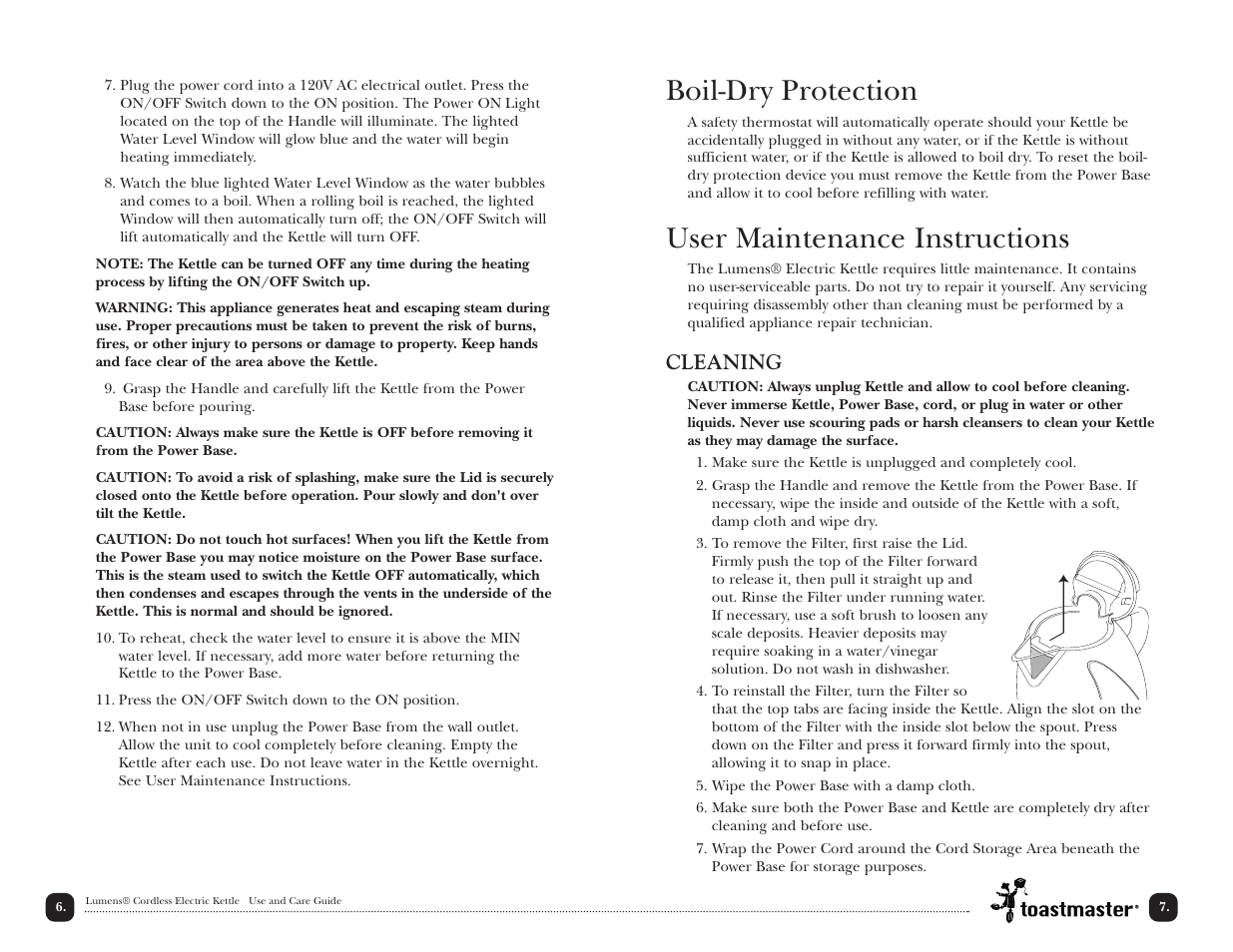 Boil-dry protection, User maintenance instructions, Cleaning | Toastmaster TLK17B User Manual | Page 7 / 11