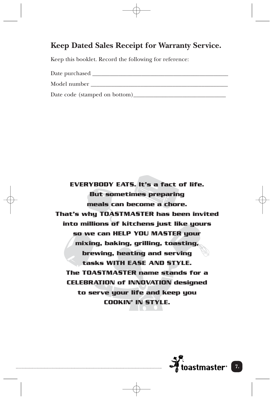 Keep dated sales receipt for warranty service | Toastmaster TG21WL TG21WCAN User Manual | Page 8 / 9