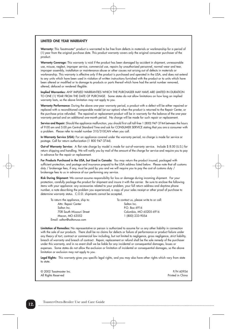 Toastmaster 310/310CAN User Manual | Page 13 / 14