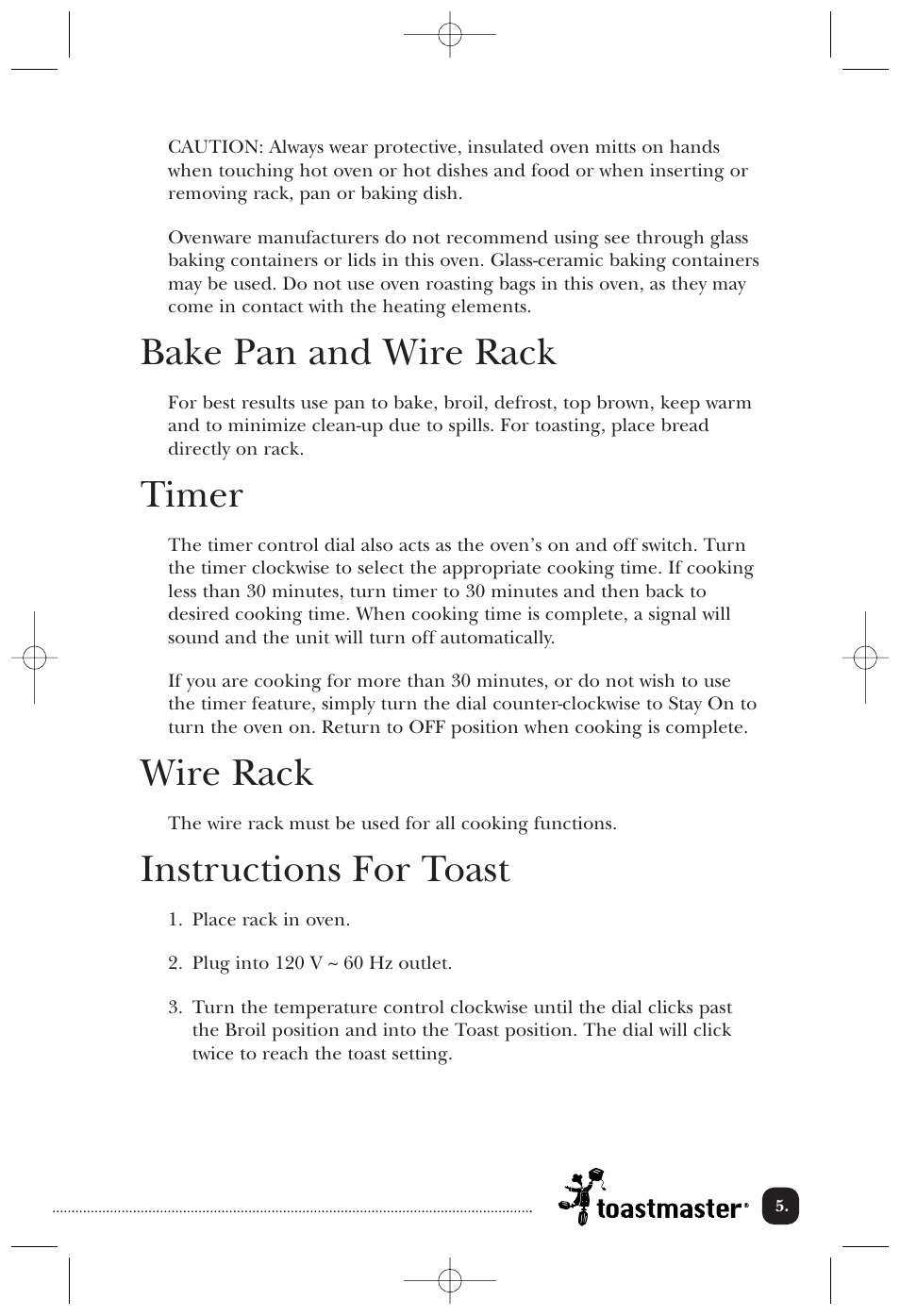 Bake pan and wire rack, Timer, Wire rack | Instructions for toast | Toastmaster 310/310CAN User Manual | Page 6 / 14