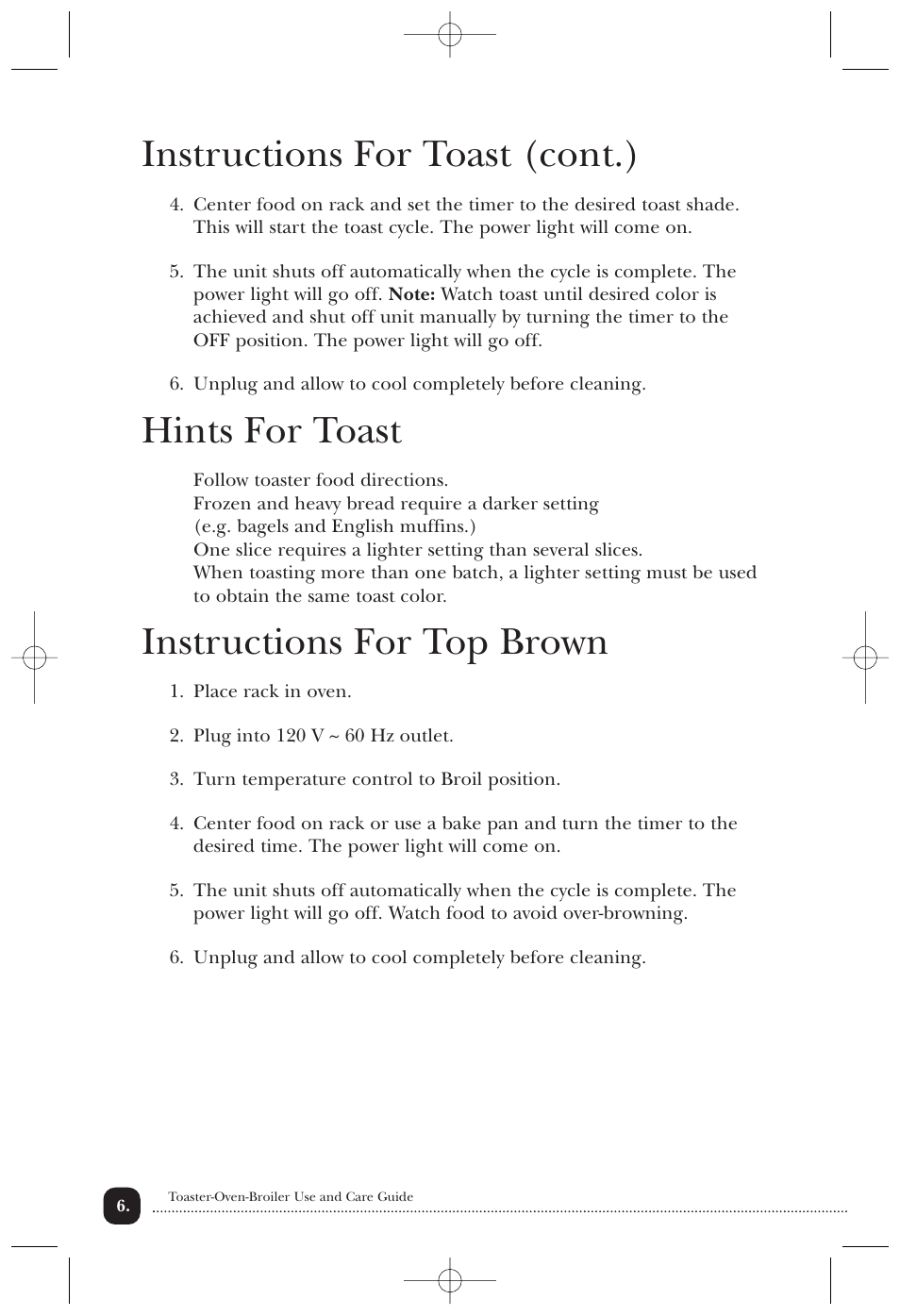 Instructions for toast (cont.), Hints for toast, Instructions for top brown | Toastmaster 310/310CAN User Manual | Page 7 / 14
