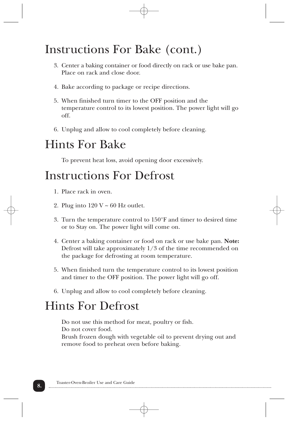 Instructions for bake (cont.), Hints for bake, Instructions for defrost | Hints for defrost | Toastmaster 310/310CAN User Manual | Page 9 / 14