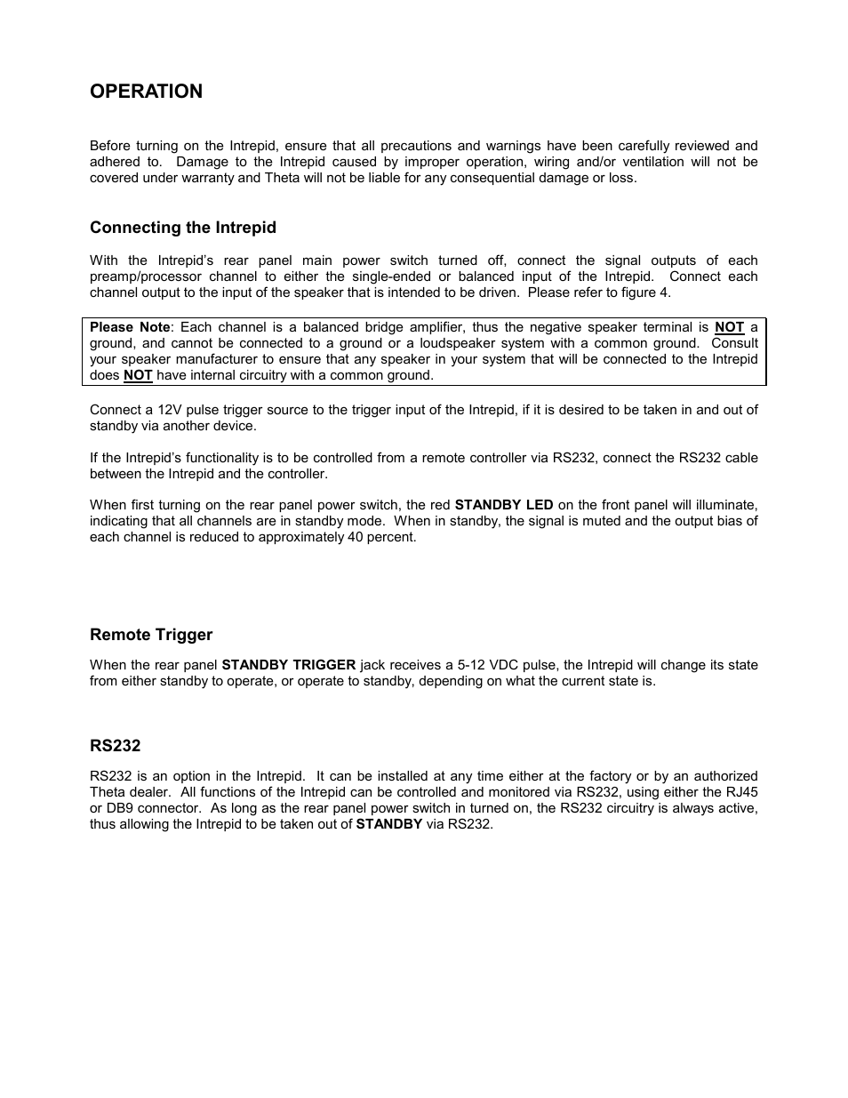 Operation, Connecting the intrepid, Remote trigger | Rs232 | Theta Digital Intrepid User Manual | Page 12 / 20
