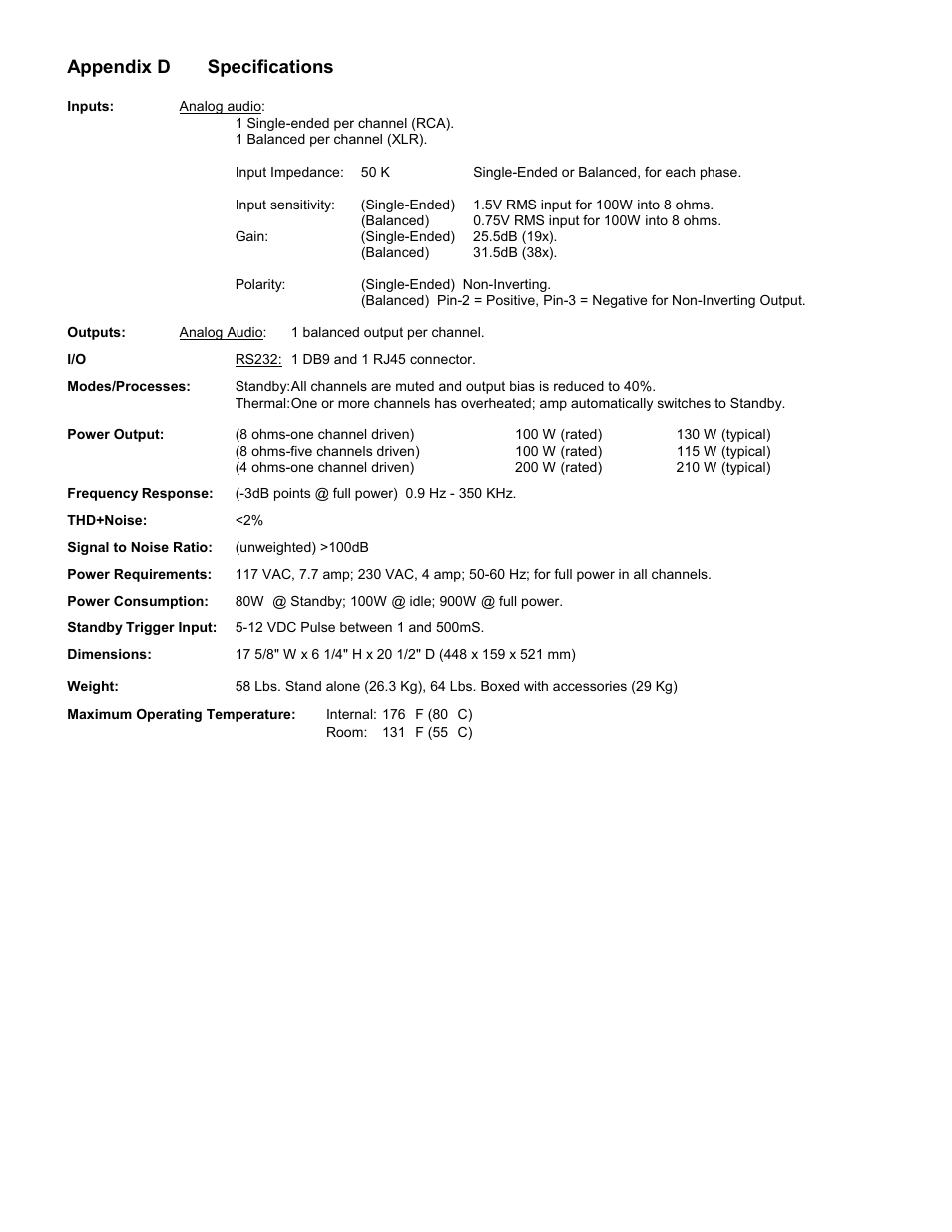 Appendix d specifications, Appendix d, Specifications | Theta Digital Intrepid User Manual | Page 19 / 20