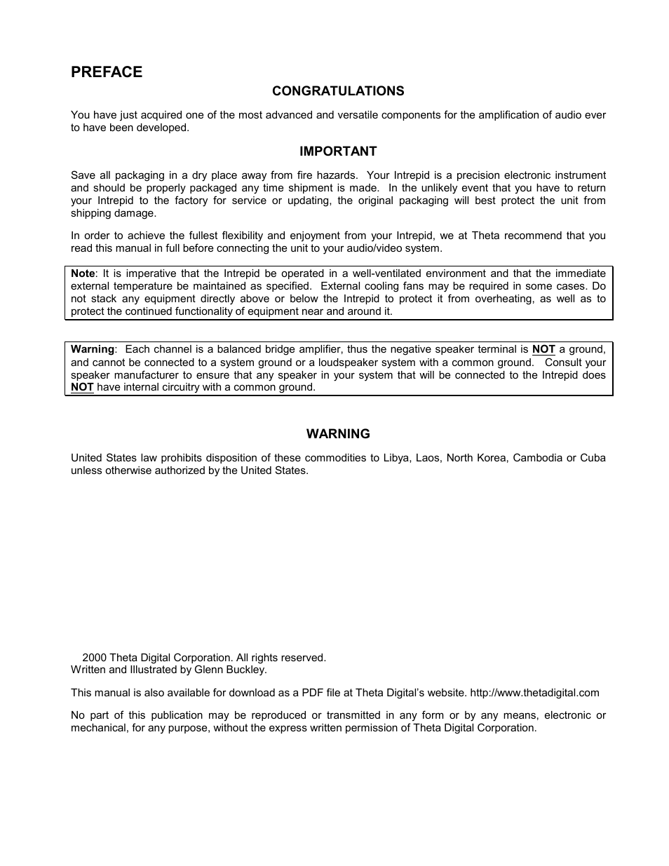 Preface, Important, Warning | Theta Digital Intrepid User Manual | Page 2 / 20