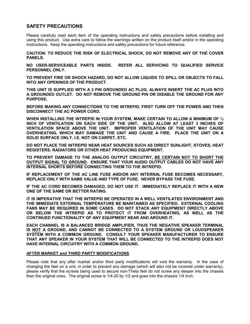 Safety precautions | Theta Digital Intrepid User Manual | Page 5 / 20