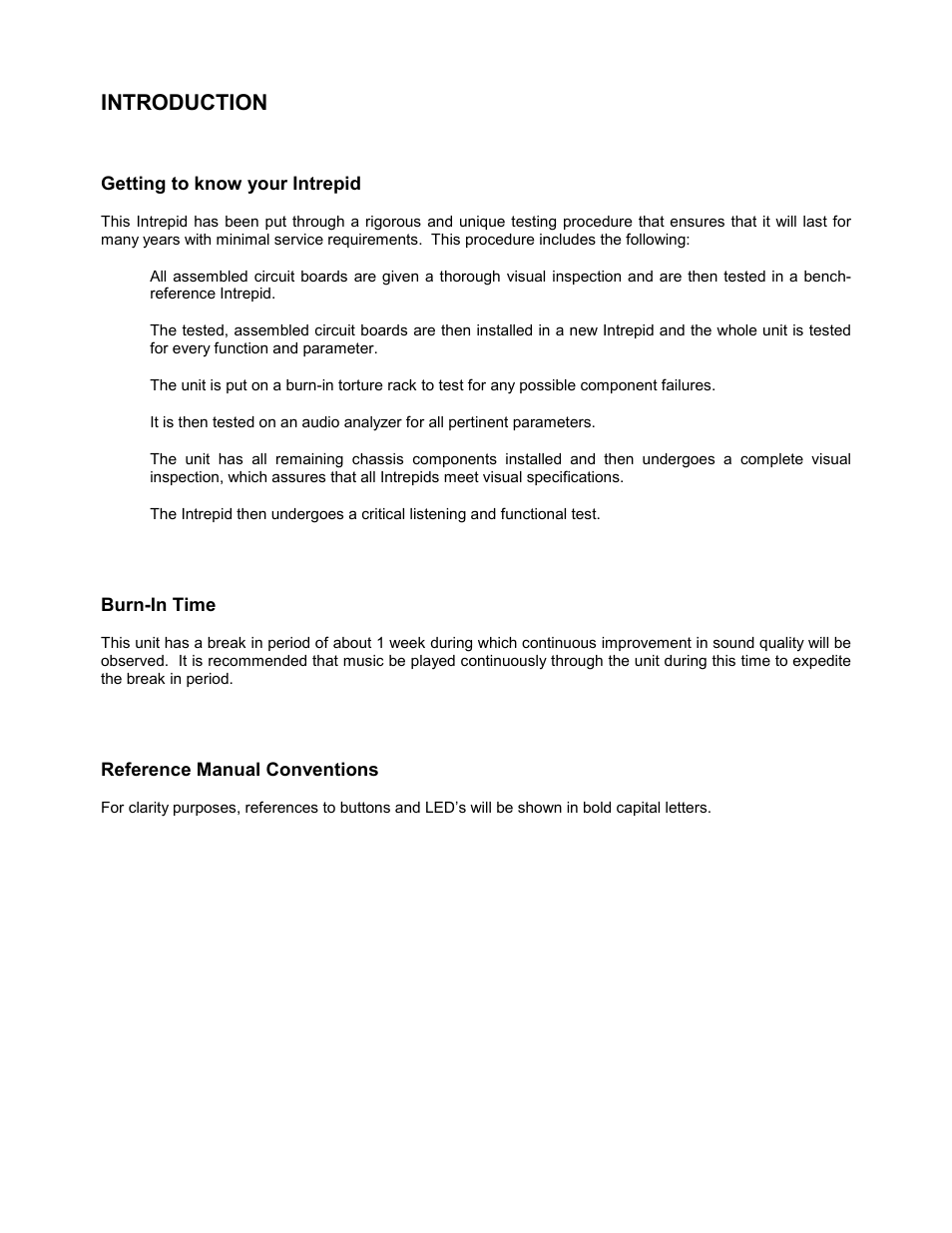Introduction, Getting to know your intrepid, Burn-in time | Reference manual conventions | Theta Digital Intrepid User Manual | Page 7 / 20