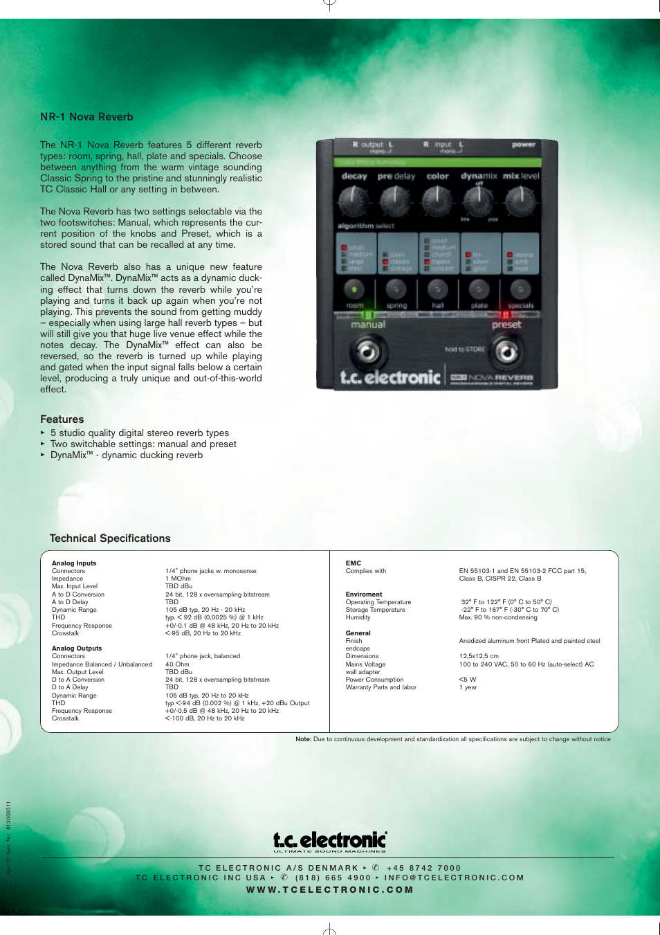 Nr-1 nova reverb, Features, Technical specifications | TC electronic SDN BHD Nova Reverb NR-1 User Manual | Page 2 / 2