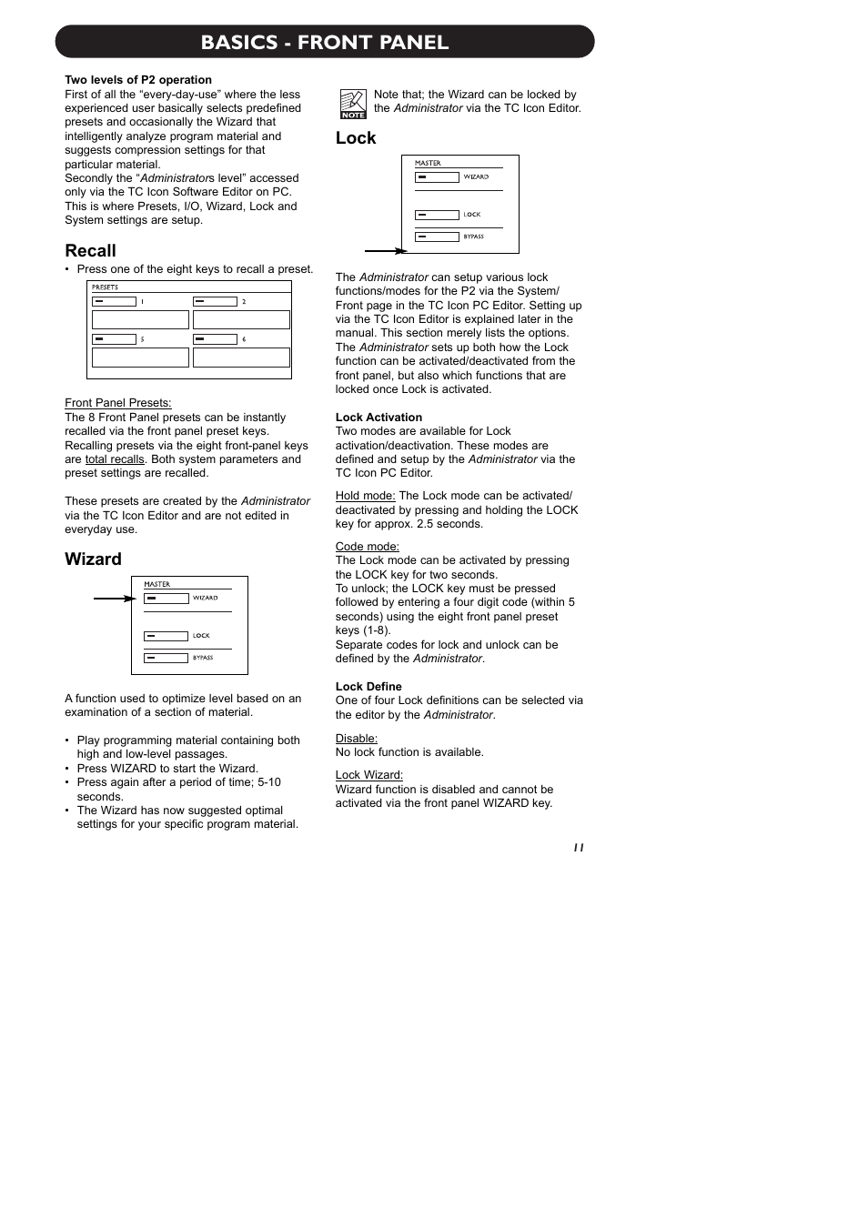 Basics - front panel, Recall, Wizard | Lock | TC electronic SDN BHD P2 User Manual | Page 13 / 41