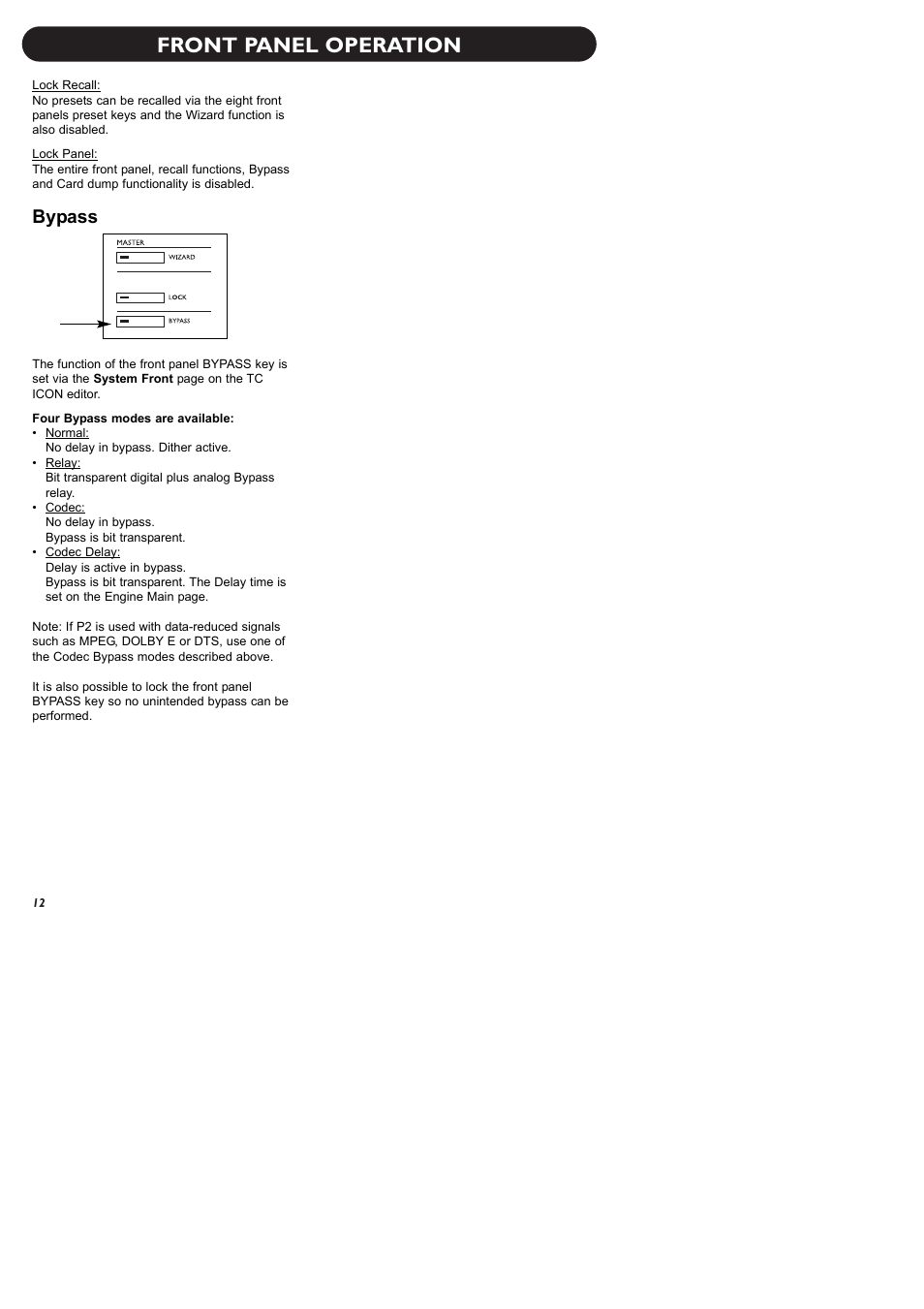 Front panel operation, Bypass | TC electronic SDN BHD P2 User Manual | Page 14 / 41