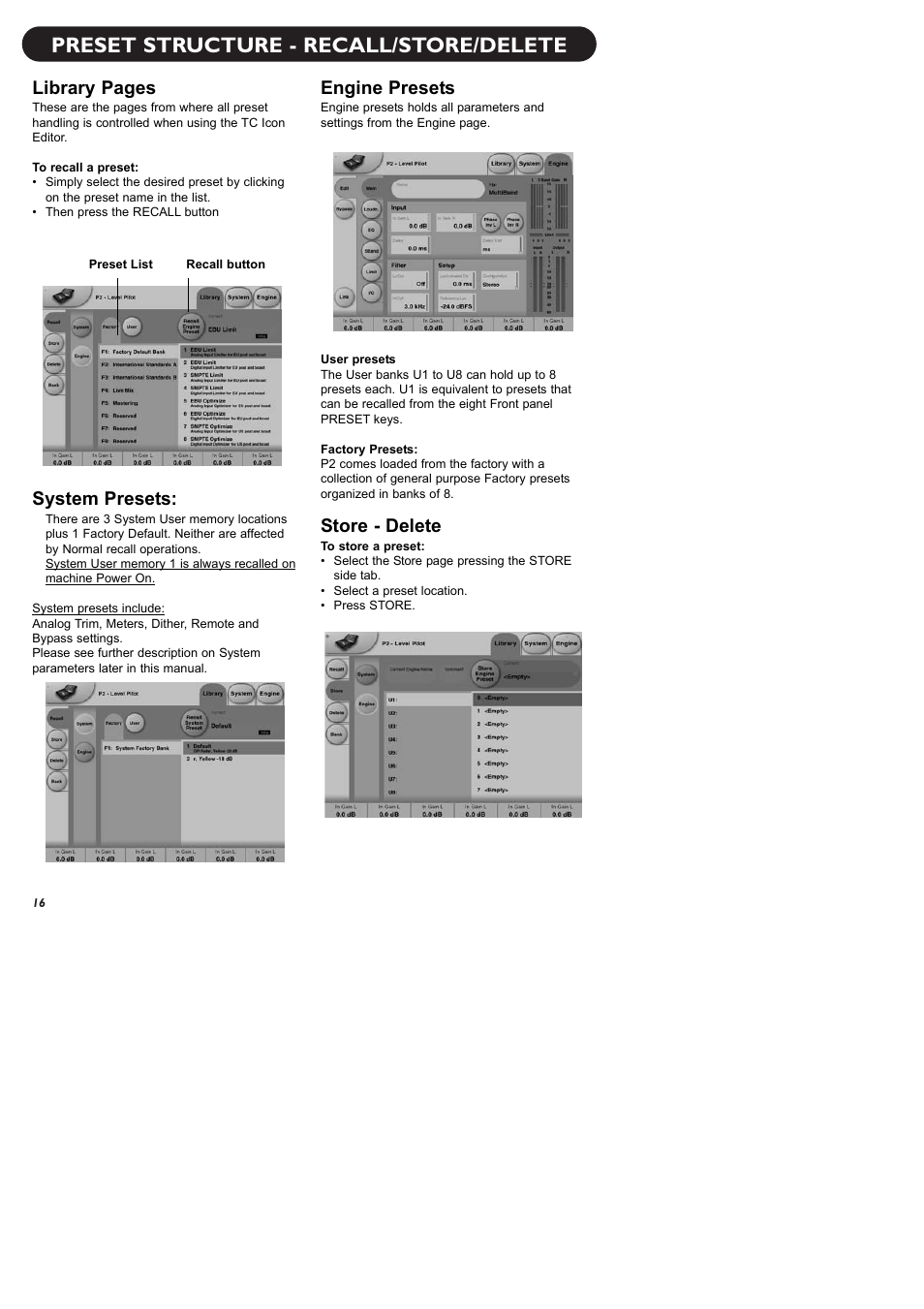 Preset structure - recall/store/delete, Library pages, System presets | Engine presets, Store - delete | TC electronic SDN BHD P2 User Manual | Page 18 / 41