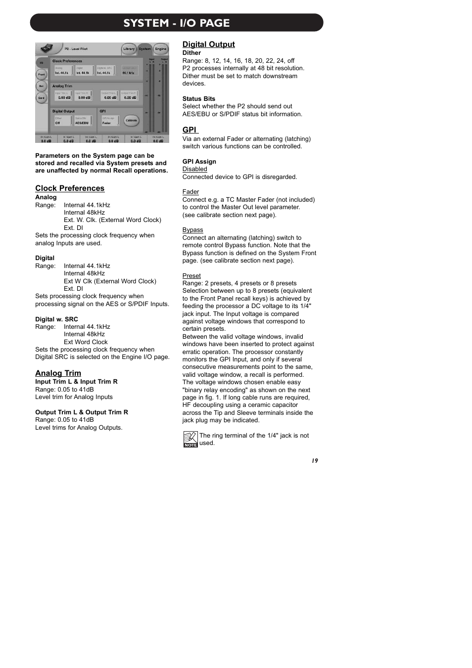 System - i/o page | TC electronic SDN BHD P2 User Manual | Page 21 / 41