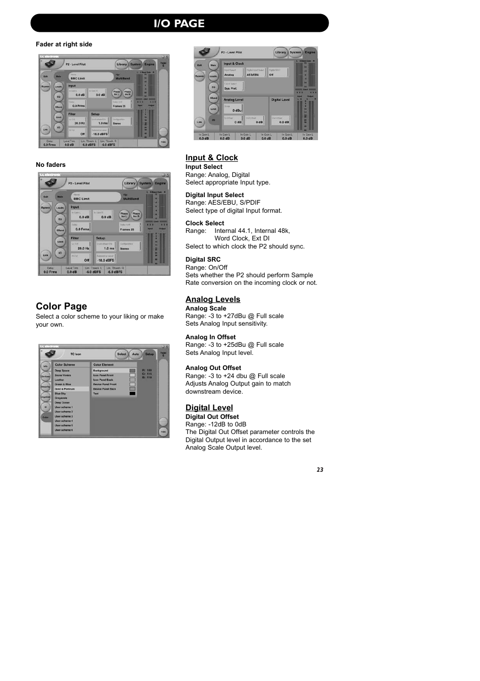 I/o page, Color page | TC electronic SDN BHD P2 User Manual | Page 25 / 41