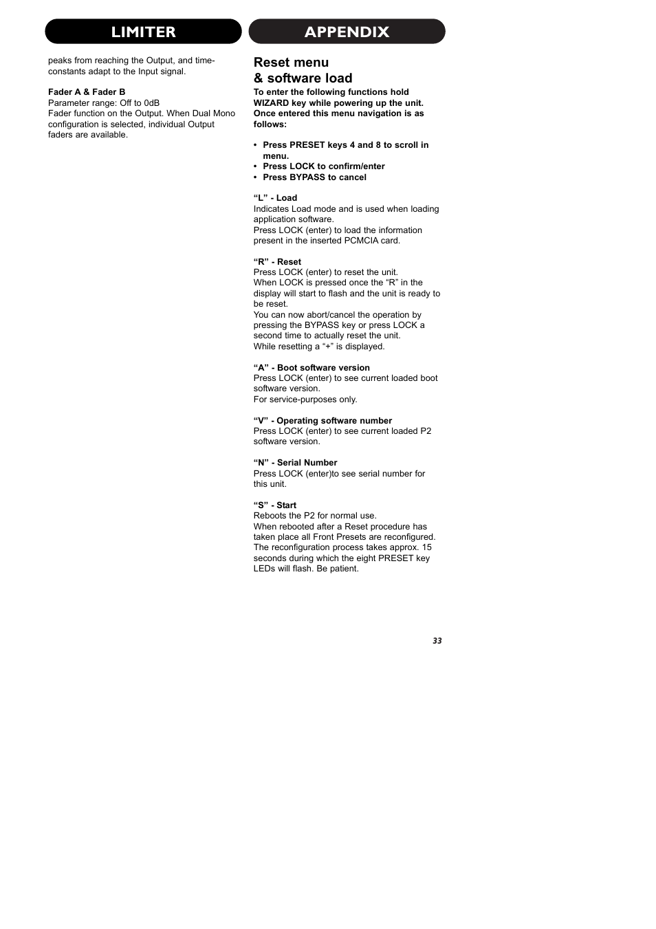 Appendix limiter, Reset menu & software load | TC electronic SDN BHD P2 User Manual | Page 35 / 41