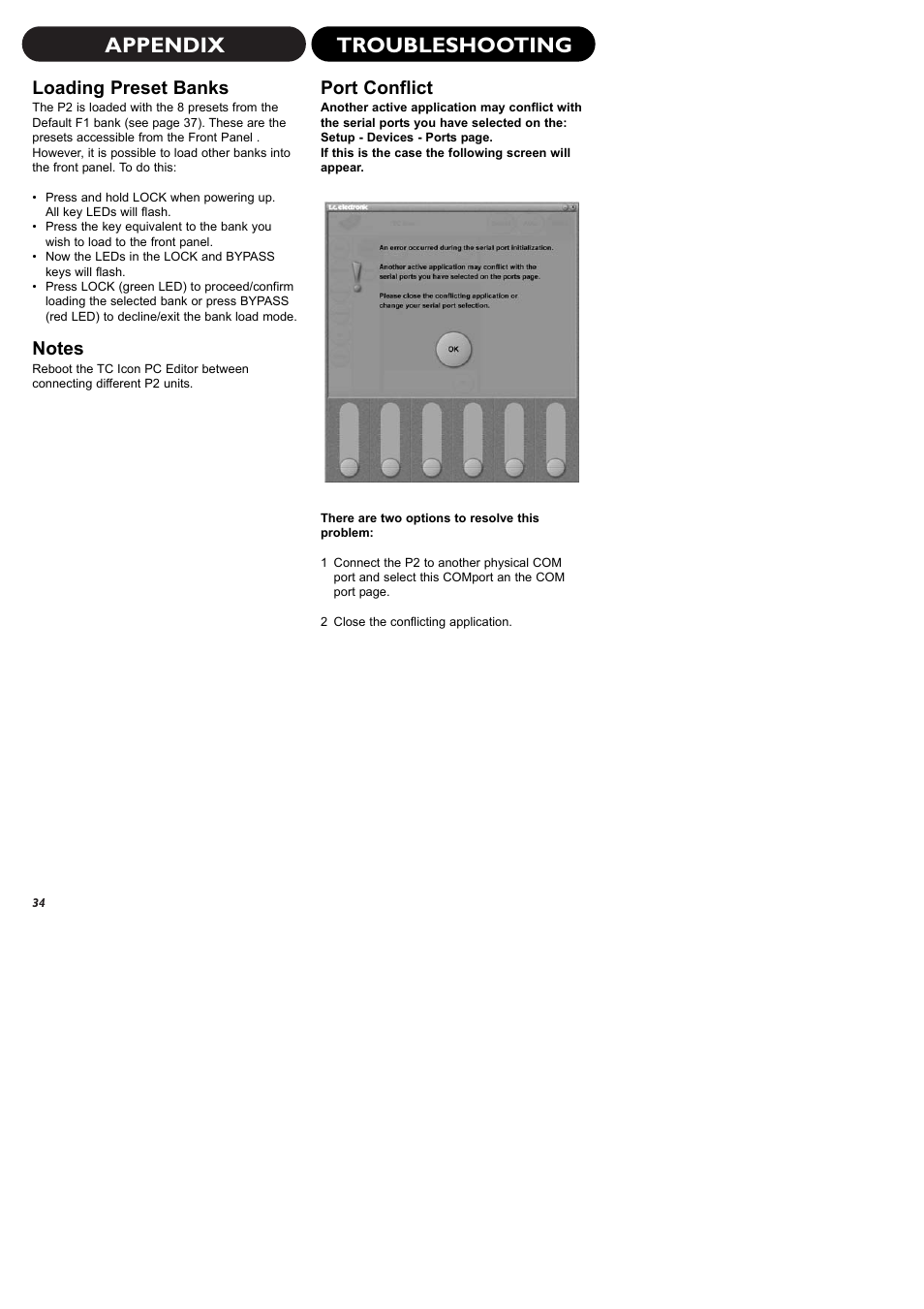 Appendix troubleshooting, Loading preset banks, Port conflict | TC electronic SDN BHD P2 User Manual | Page 36 / 41